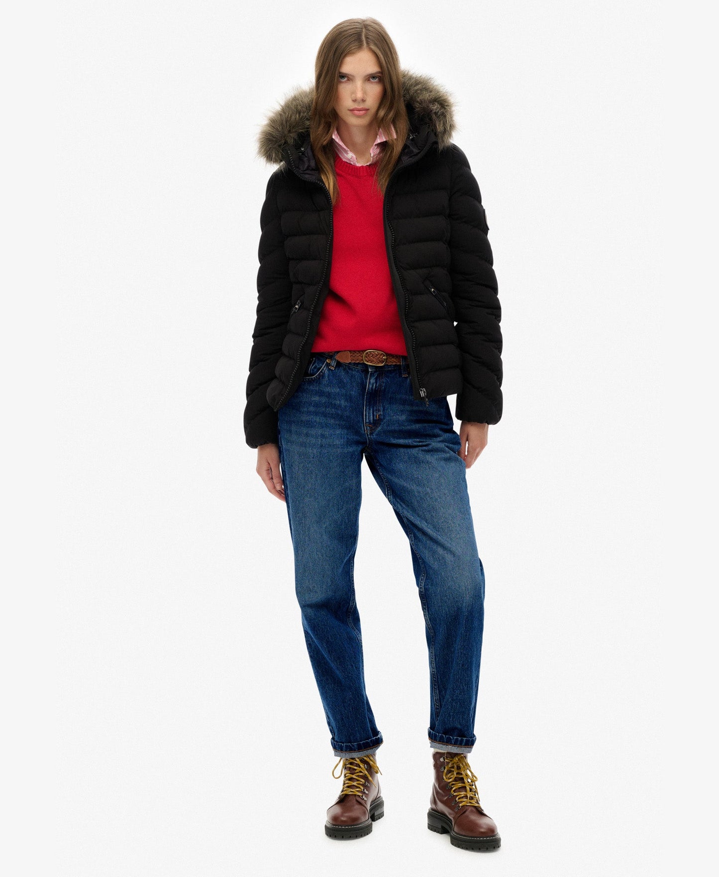 Fuji Faux Fur Slim Fit Hood Padded Jacket | Black