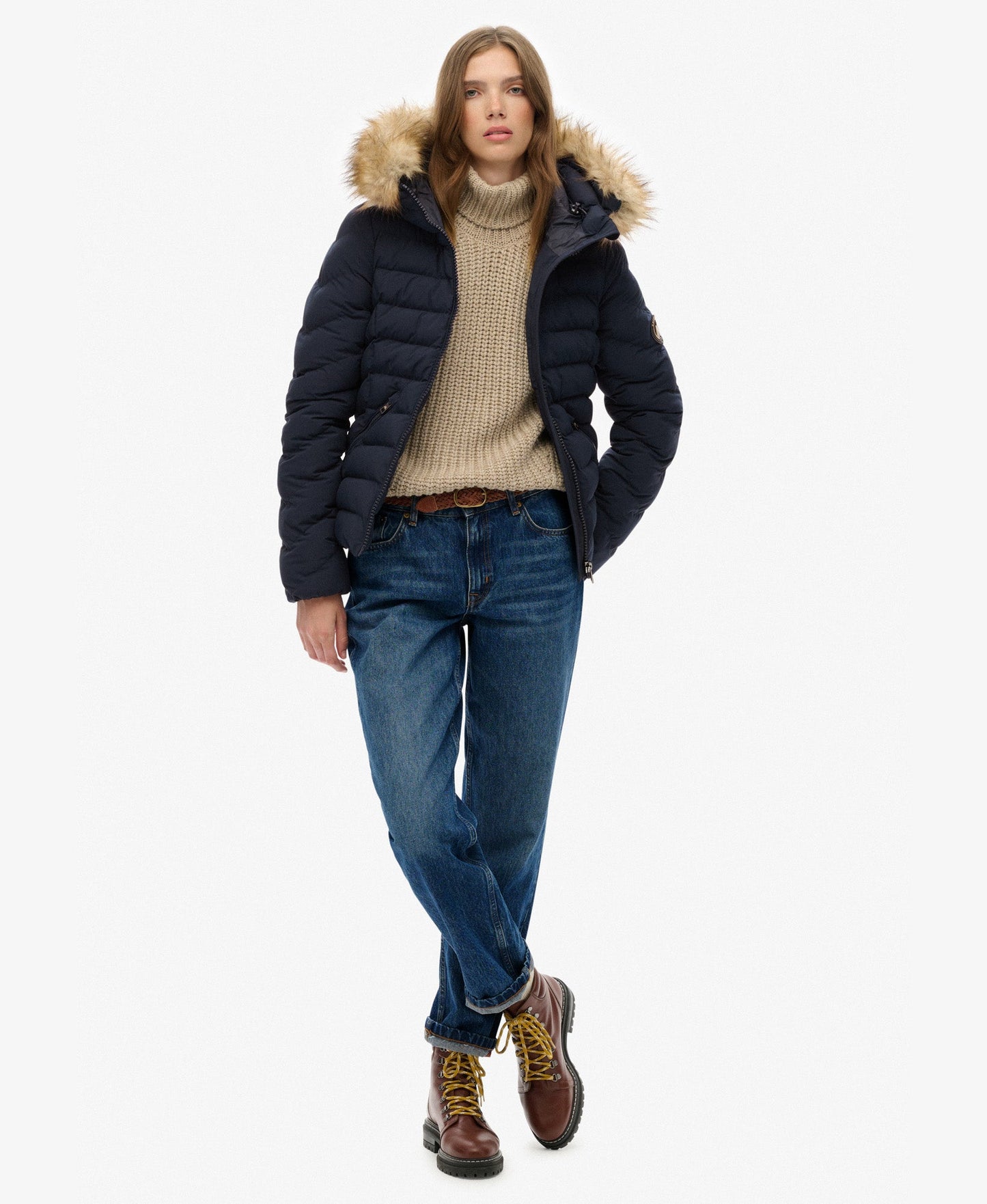 Fuji Faux Fur Slim Fit Hood Padded Jacket | Eclipse Navy