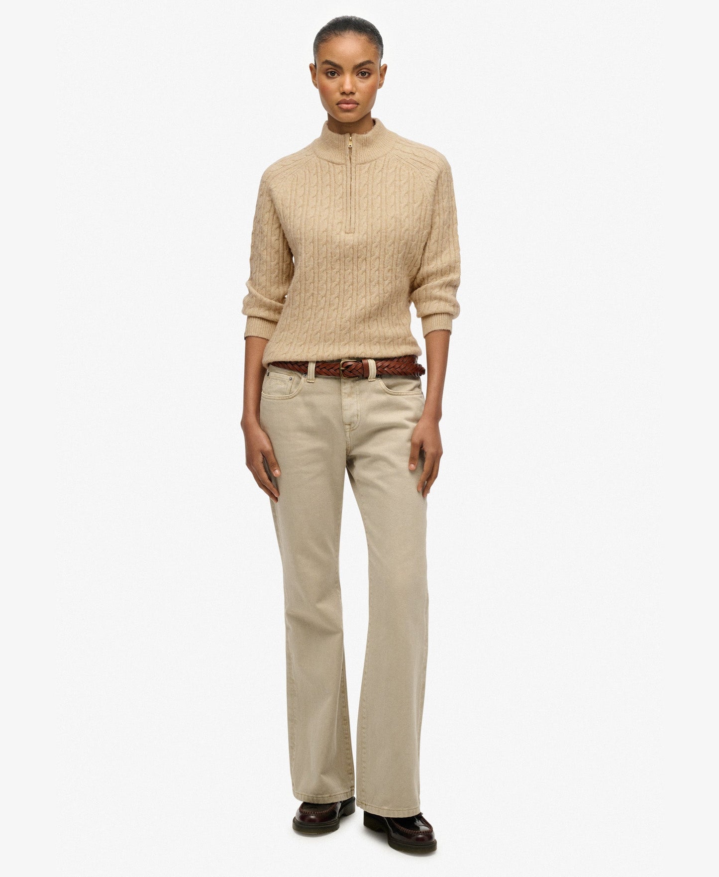 Brushed Cable Half Zip Knit | Safari Beige Marle