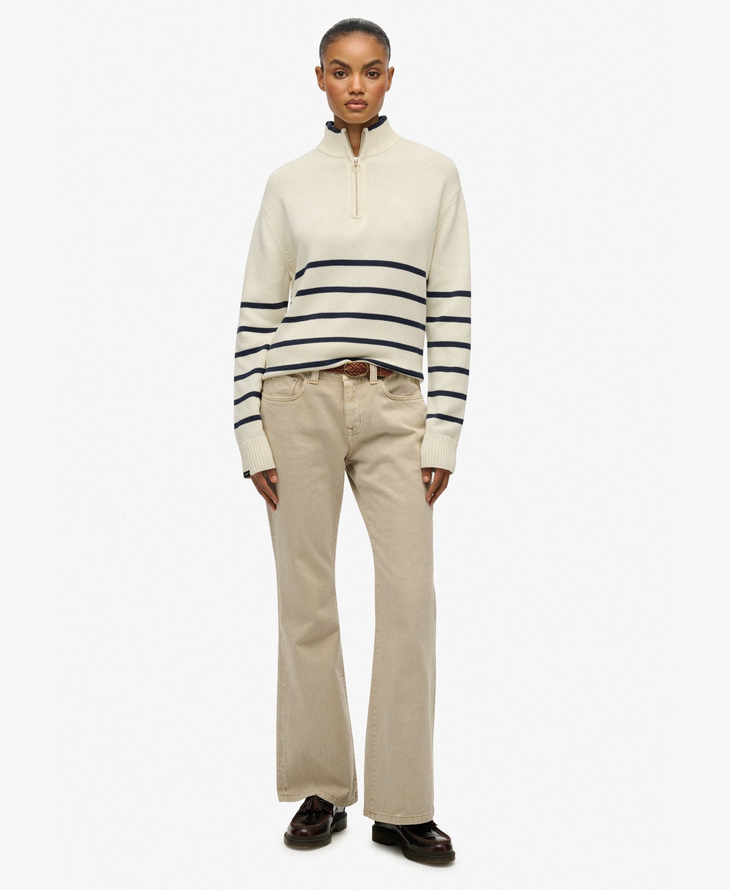 Cotton Half Zip Knit | Off White Richest Navy Stripe