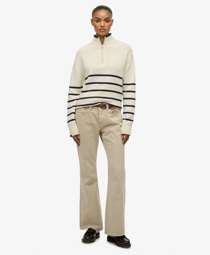 Cotton Half Zip Knit | Off White Richest Navy Stripe