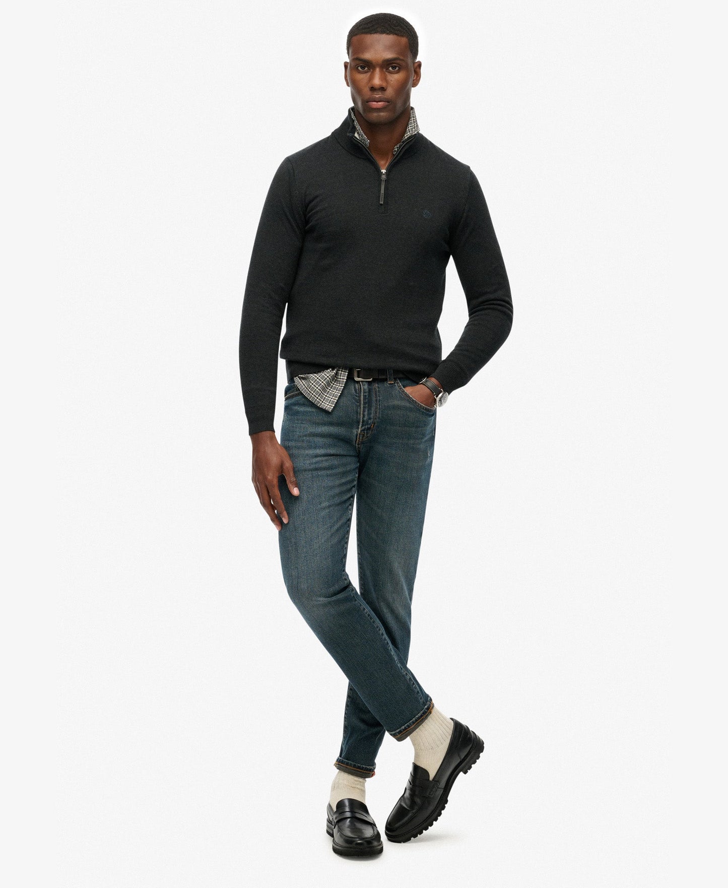 Slim Fit Essentials Cotton Half Zip | Charcoal Marle