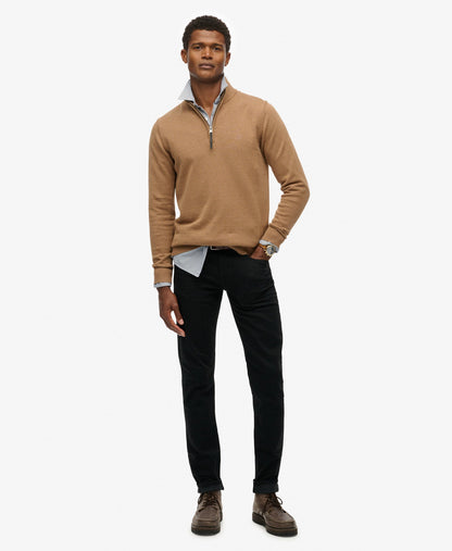 Slim Fit Essentials Cotton Half Zip | Carbon Brown Marle