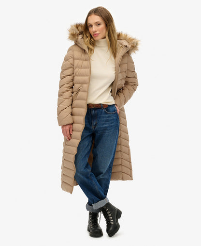 Fuji Faux Fur Hooded Longline Slim Fit Jacket | Shaker Beige