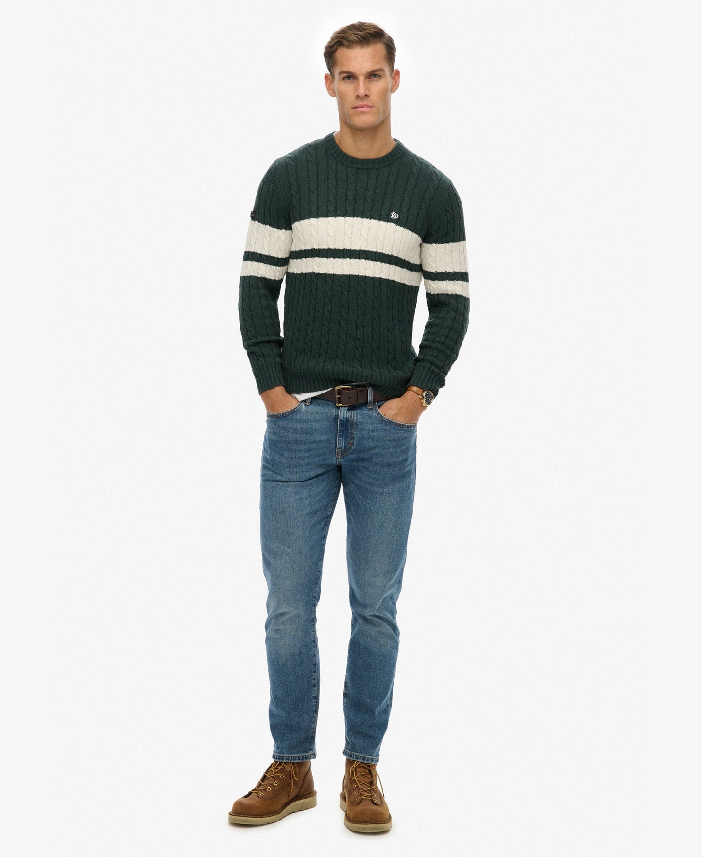 Cotton Stripe Cable Jumper | Eagle Green/Bone White