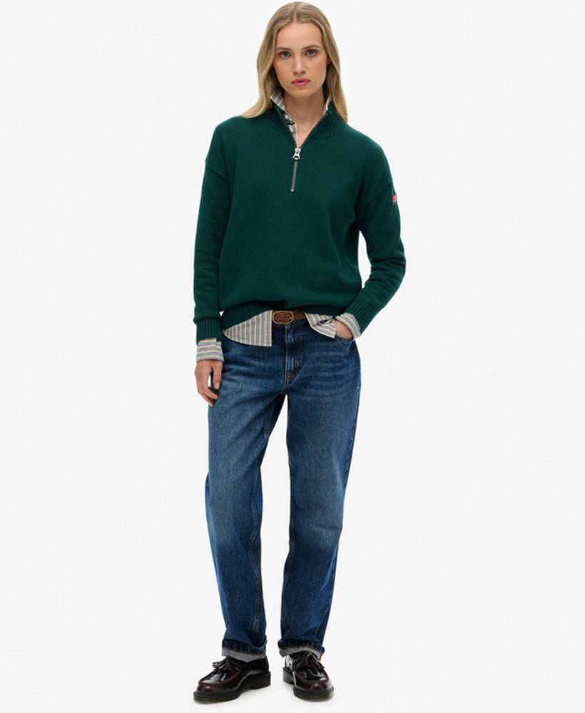 Slouchy Knitted Half Zip | Darkest Pine Green