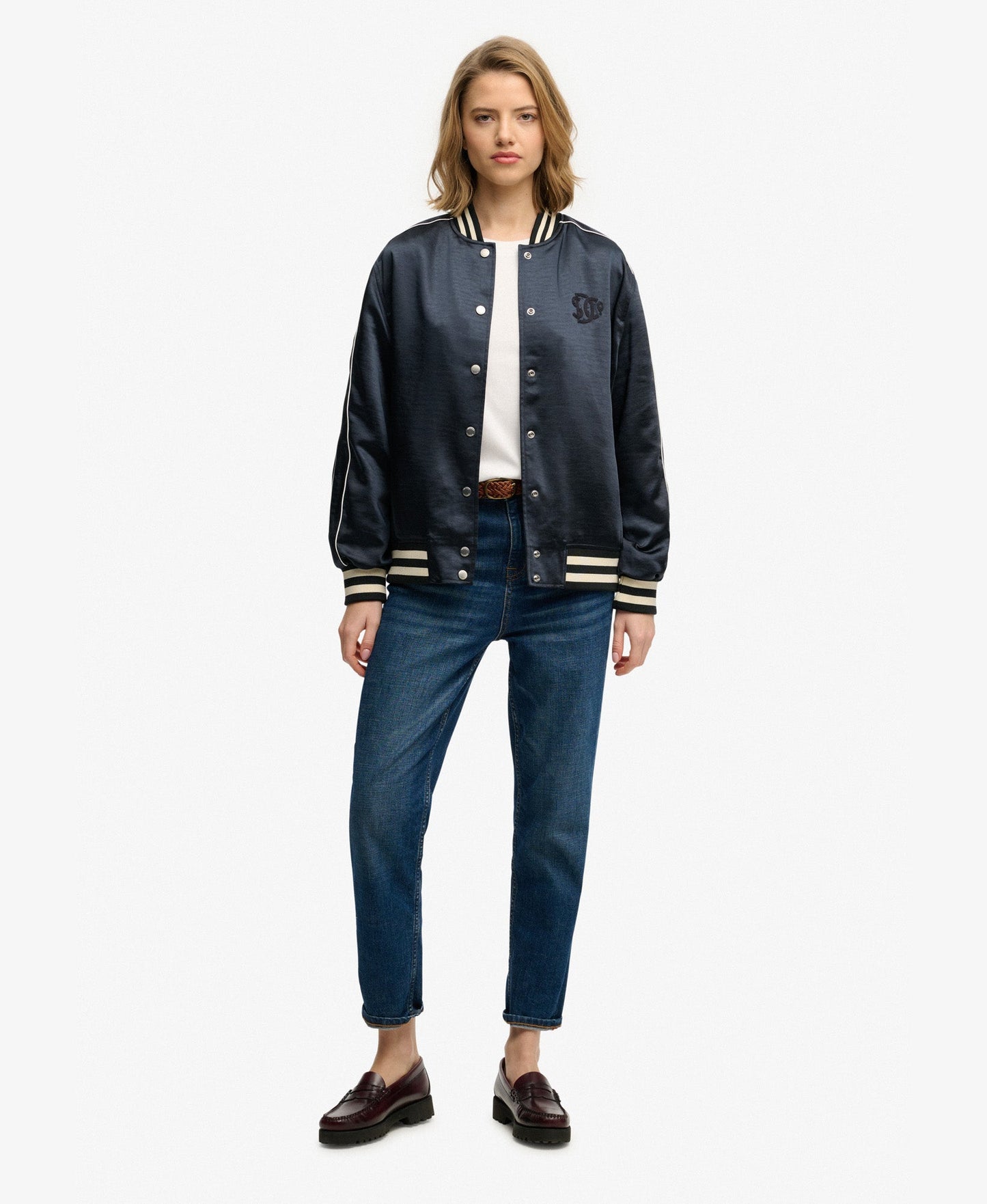 Varsity Satin Slim Fit Bomber Jacket | Eclipse Navy