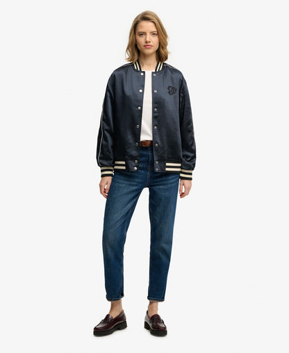 Varsity Satin Slim Fit Bomber Jacket | Eclipse Navy