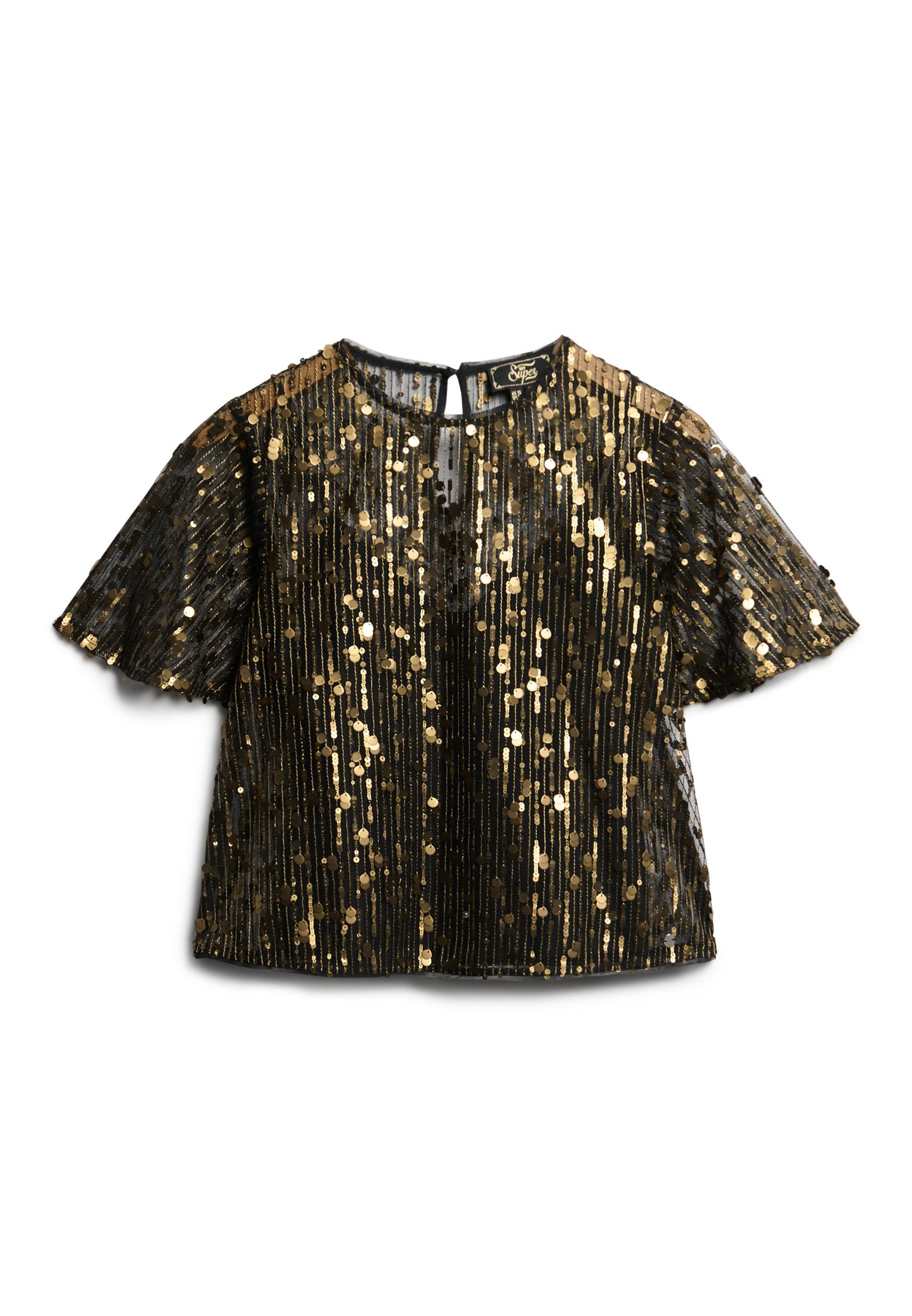 Sheer Short Sleeve Sequin Top | Brass Sequin
