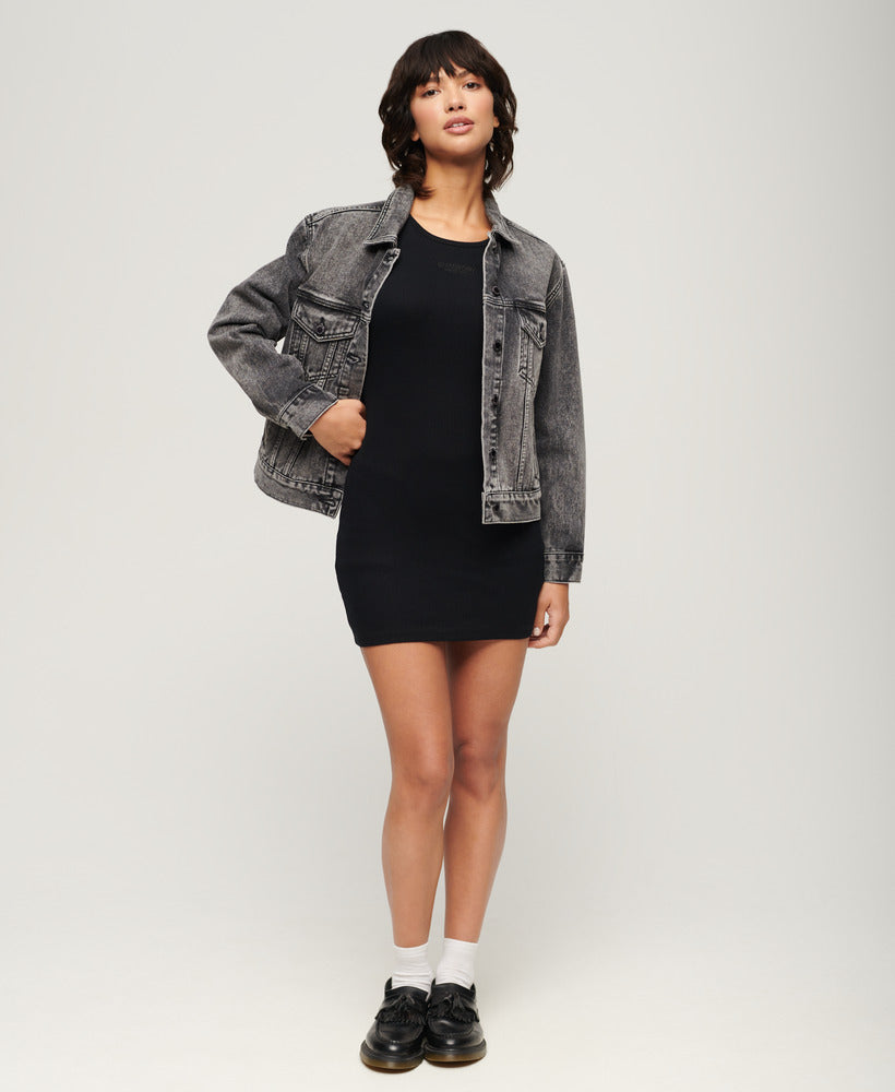 Embroidered Rib Racer Slim Fit Dress | Black