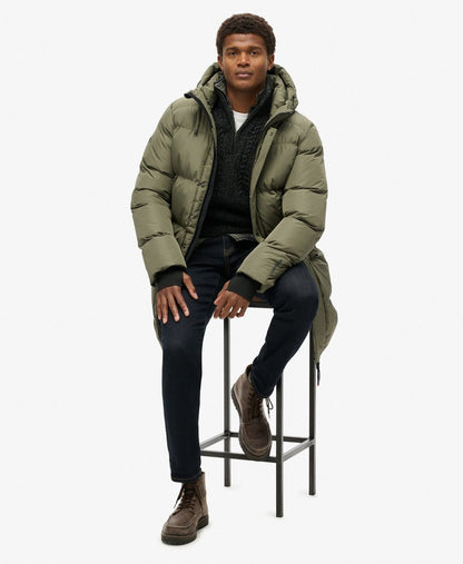 Hooded Sports Puffer Mid Jacket | Dusty Olive Green
