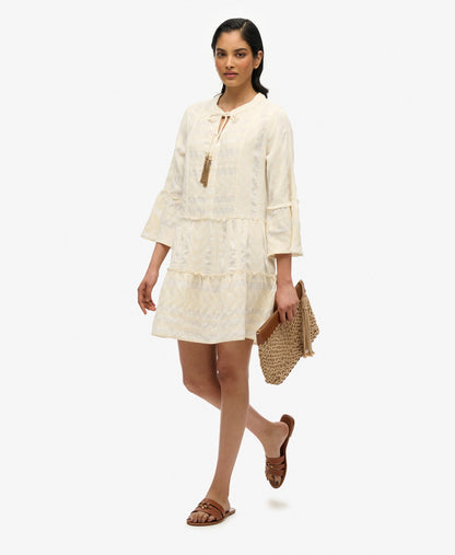 Ibiza Long Sleeve Tiered Mini Dress | Dusty Ecru