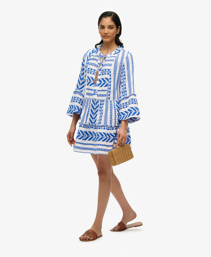 Ibiza Long Sleeve Tiered Mini Dress | Ecru Blue Emb