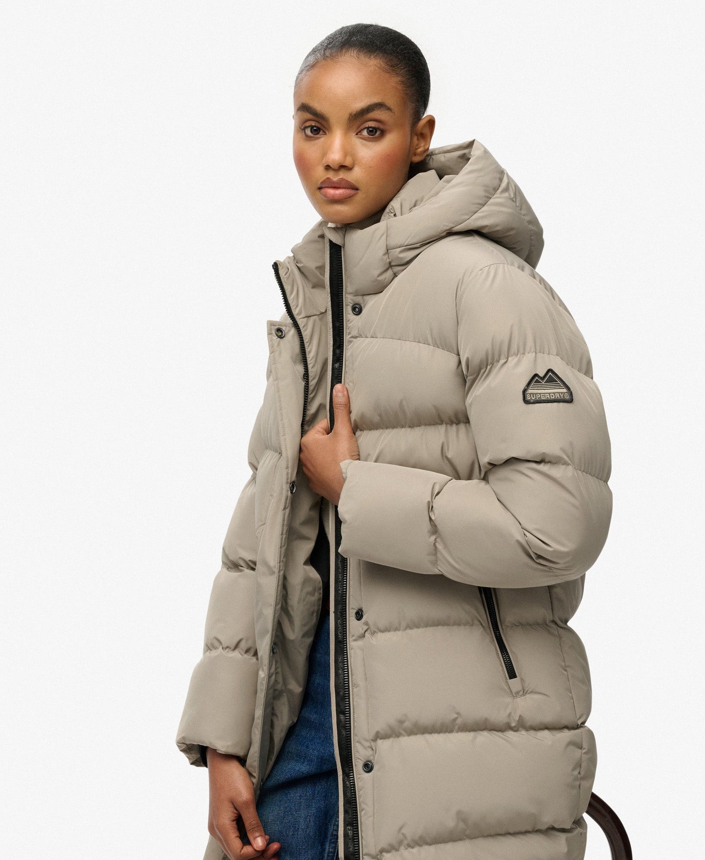 Hooded Sports Puffer Mid Jacket | Winter Twig Beige