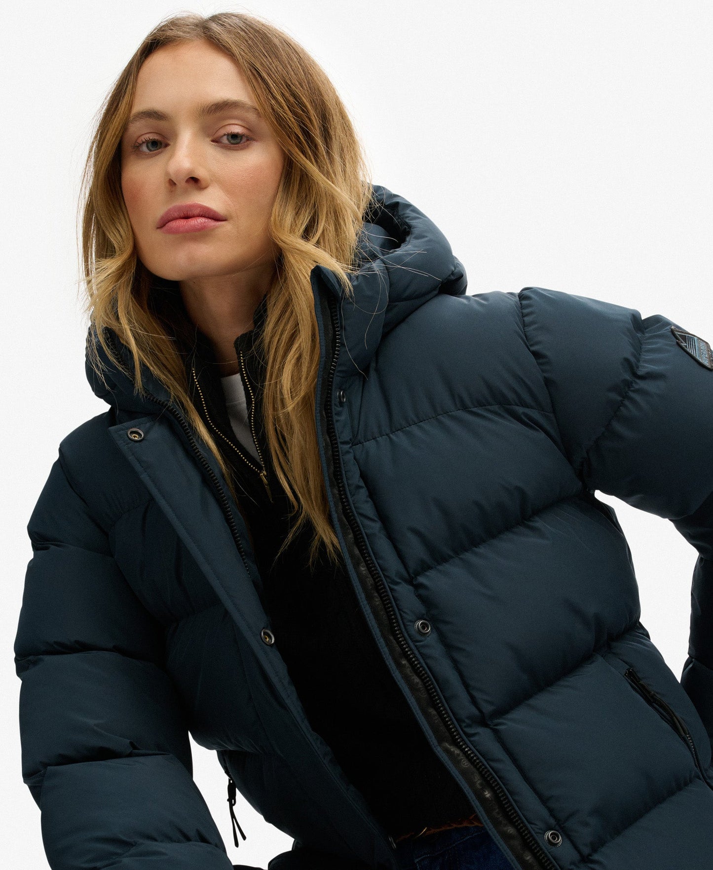 Hooded Sports Puffer Mid Jacket | Blueberry Navy