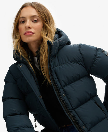 Hooded Sports Puffer Mid Jacket | Blueberry Navy