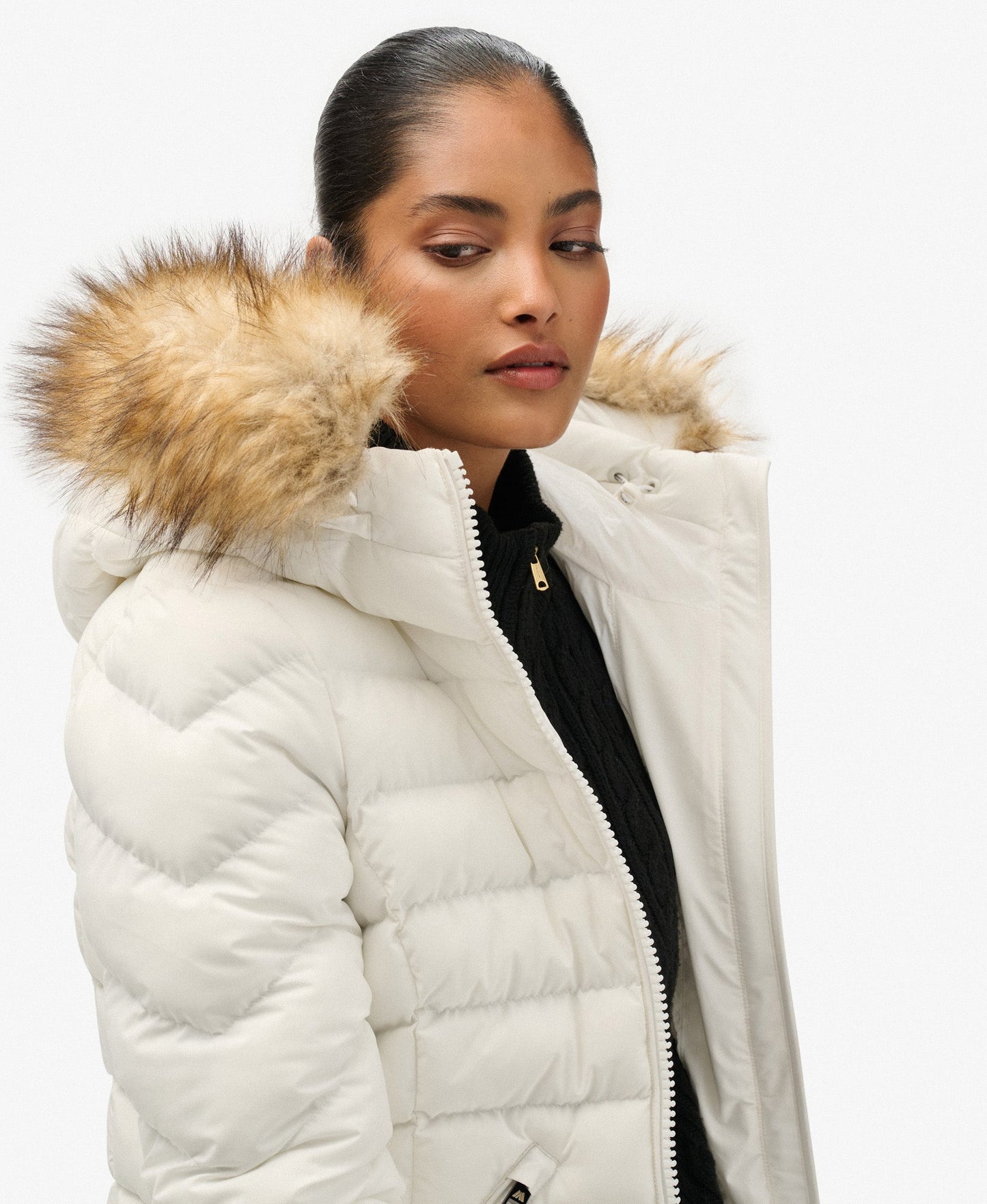 Fuji Faux Fur Slim Fit Hood Padded Jacket | Bright White