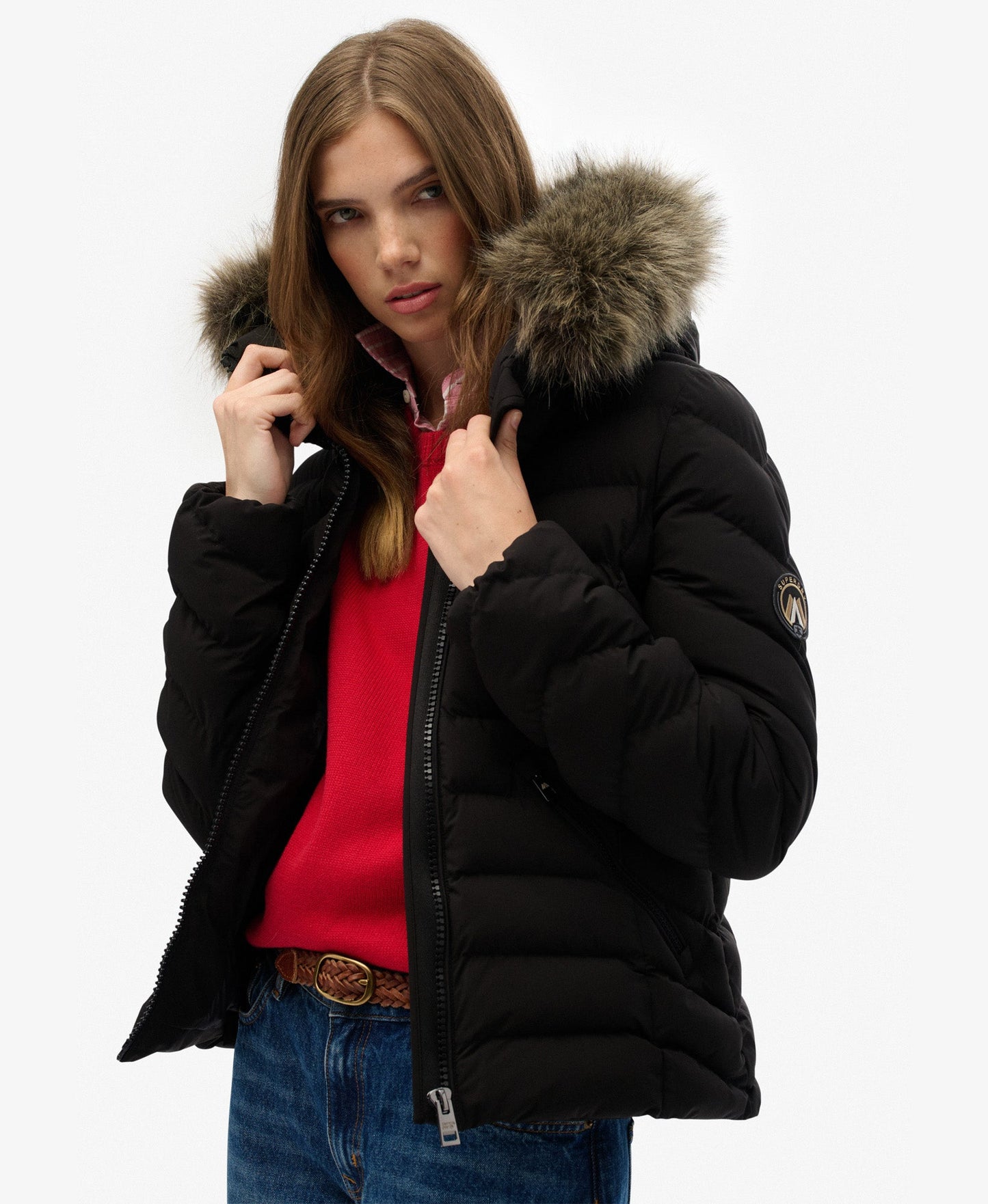 Fuji Faux Fur Slim Fit Hood Padded Jacket | Black