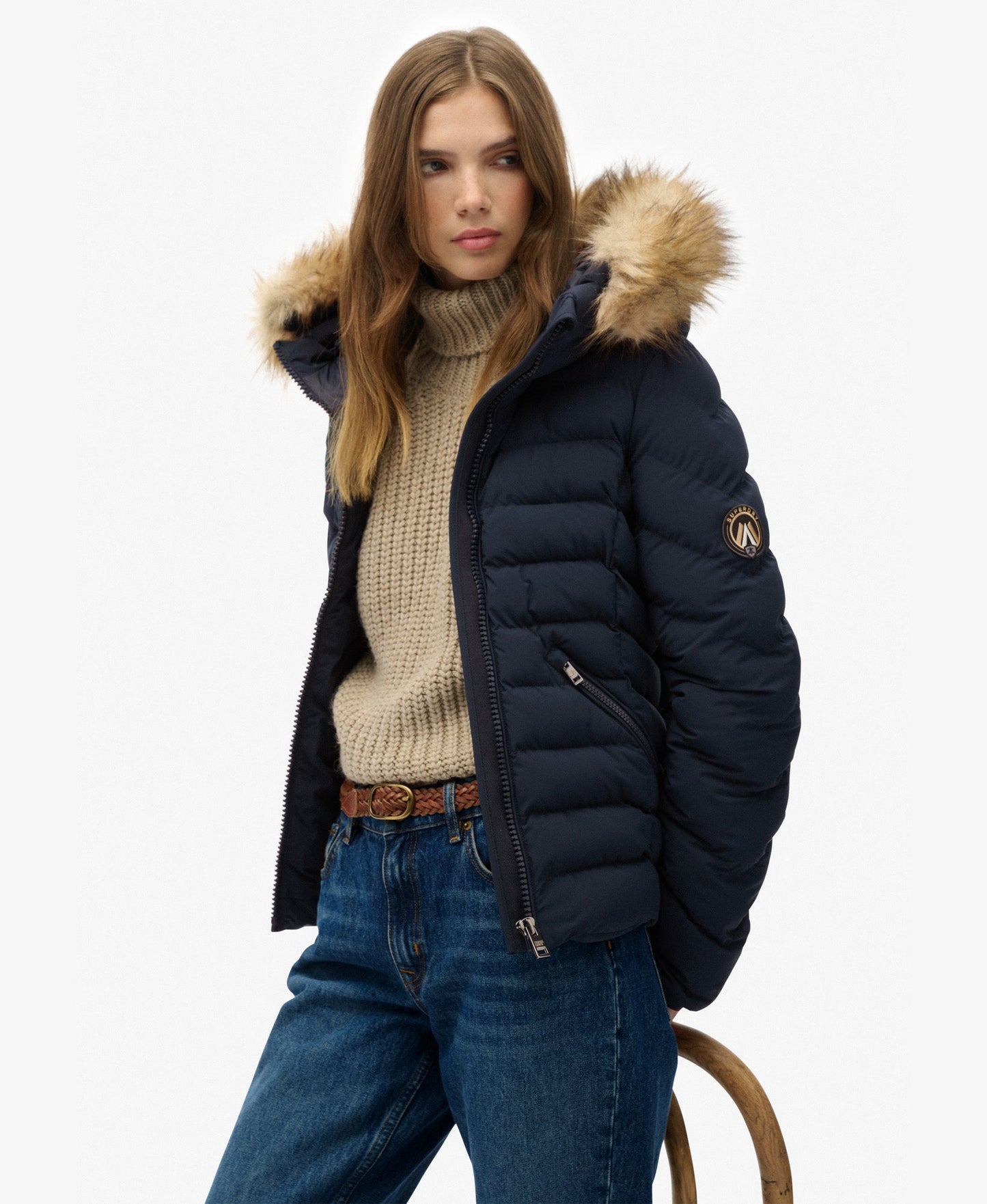 Fuji Faux Fur Slim Fit Hood Padded Jacket | Eclipse Navy