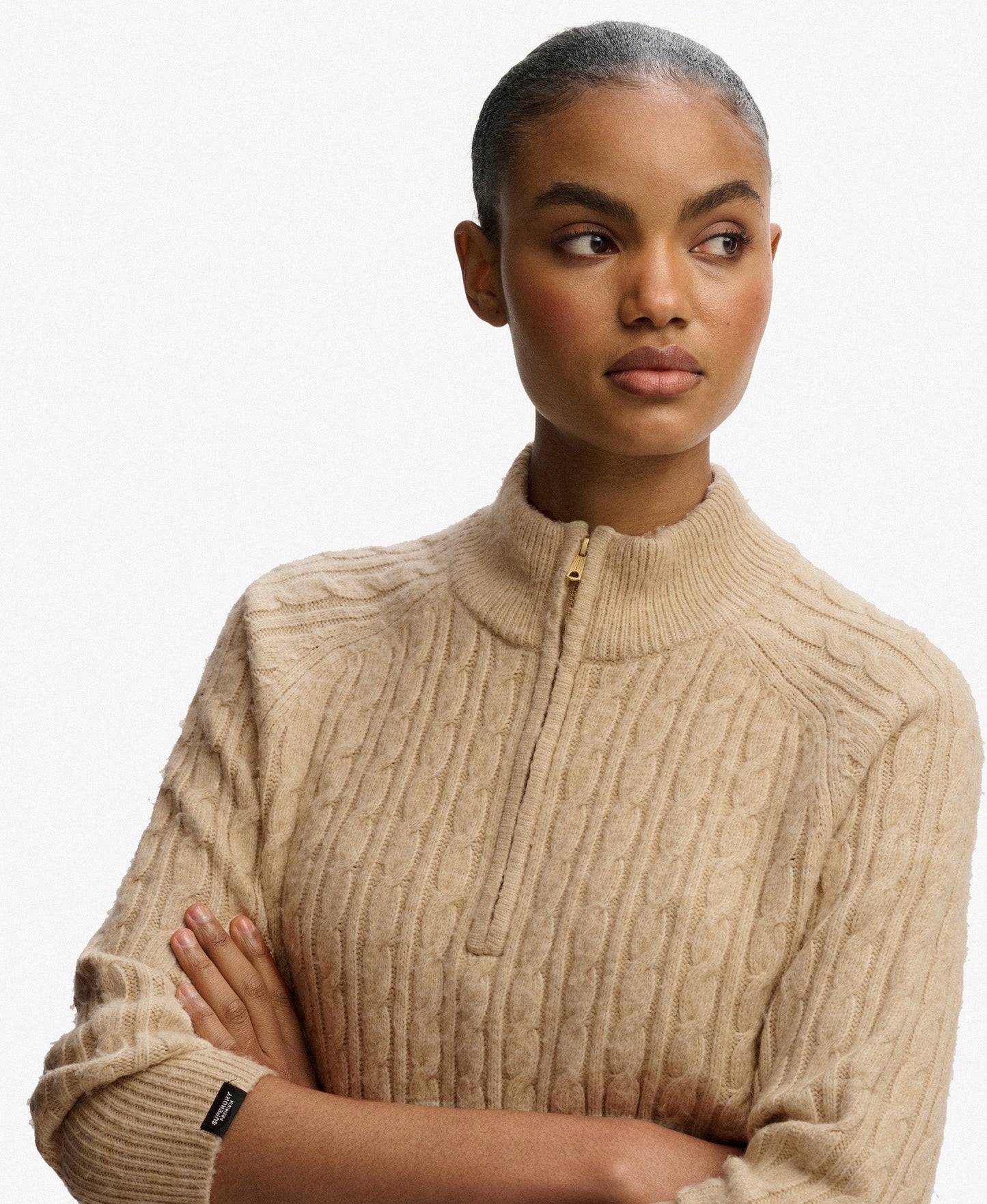 Brushed Cable Half Zip Knit | Safari Beige Marle