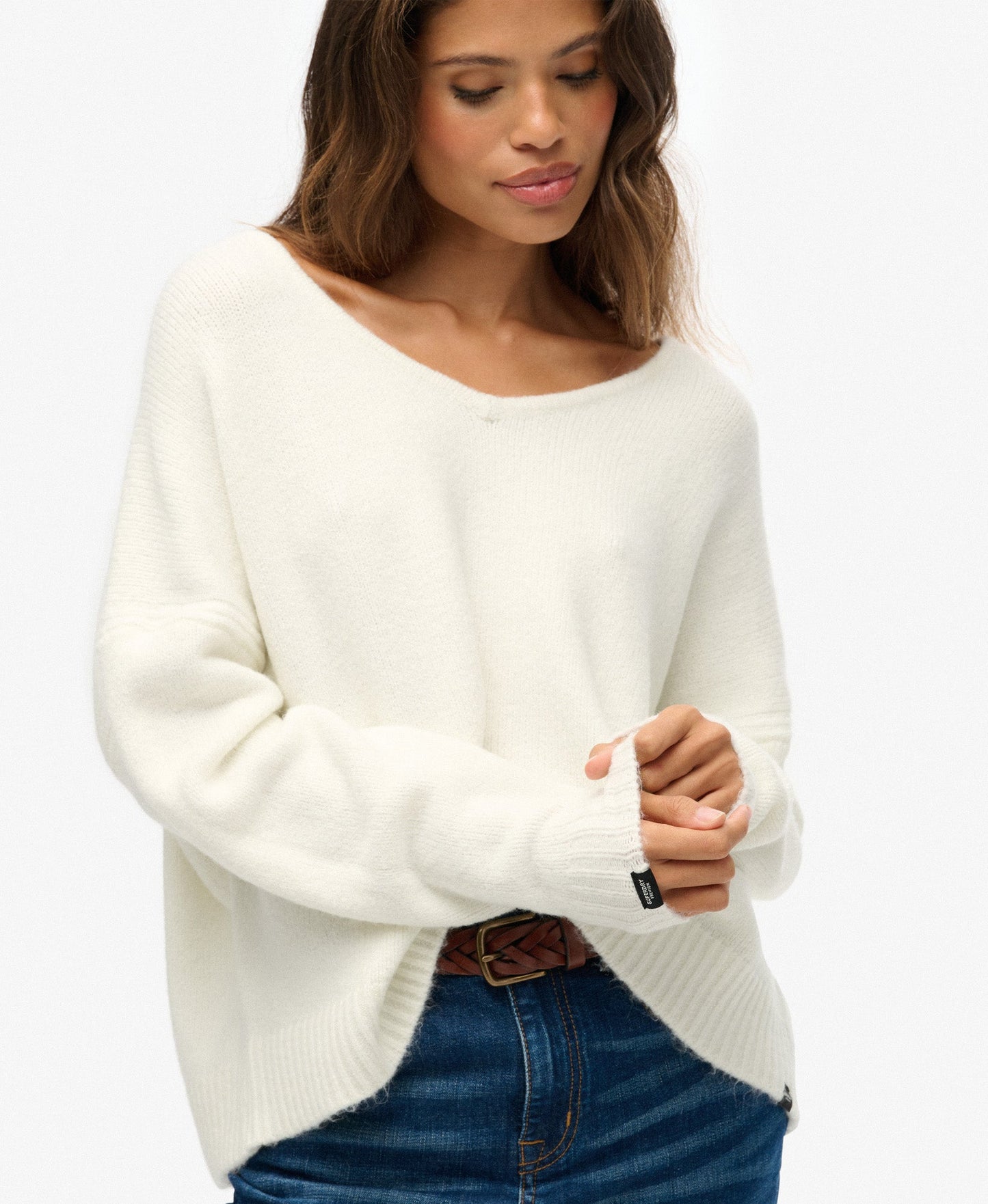 Brushed Os V Neck Jumper | Snow White Twist