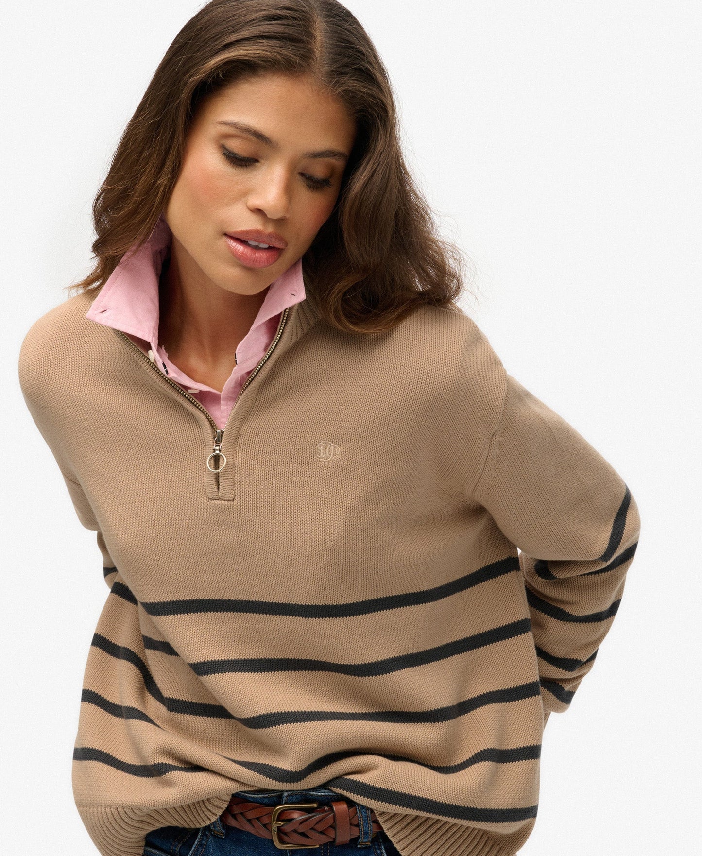 Cotton Half Zip Knit | Lingayen Beige Shdw Gry Stripe