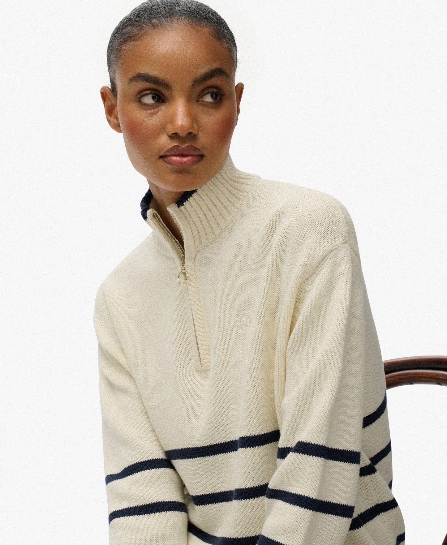 Cotton Half Zip Knit | Off White Richest Navy Stripe