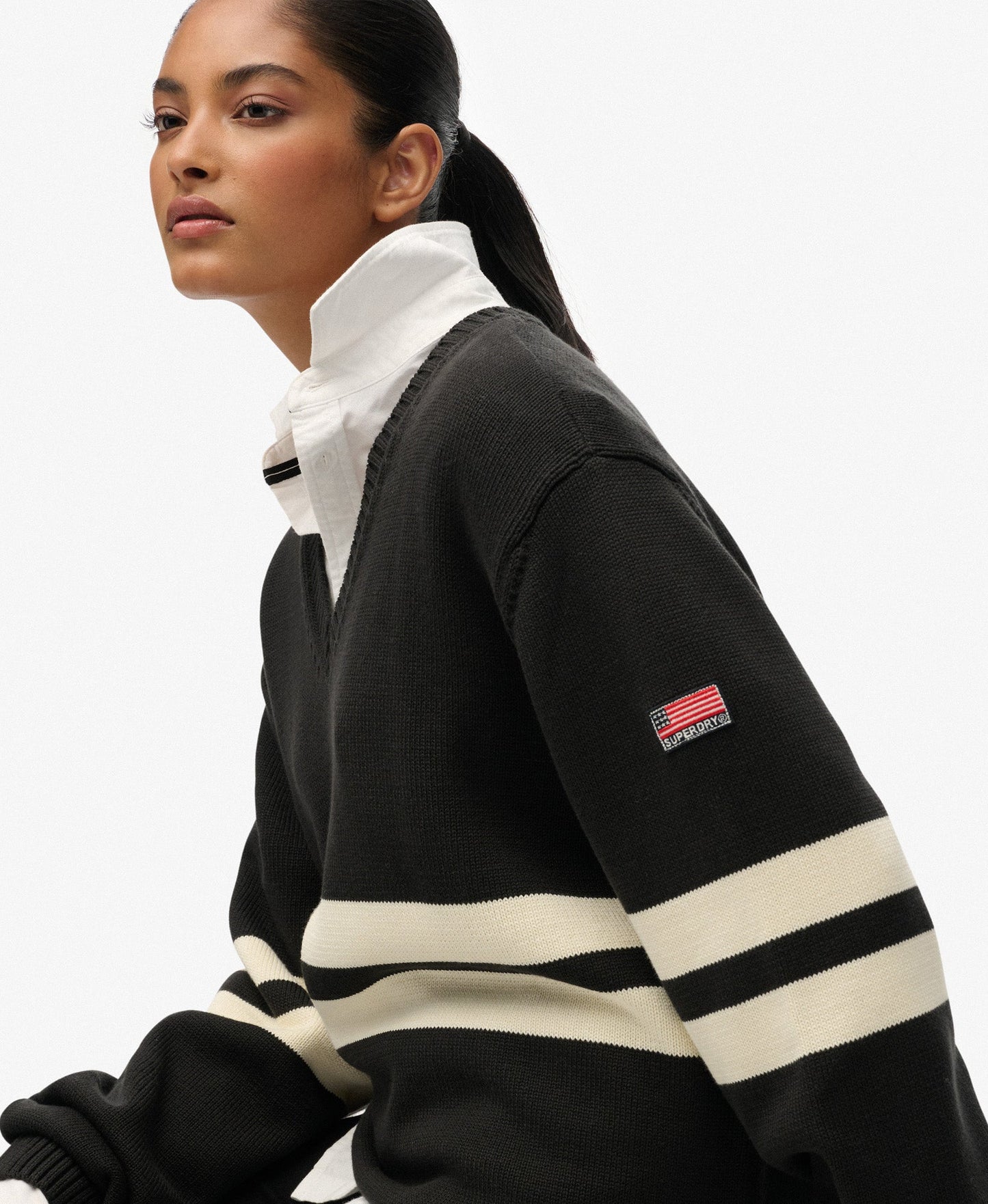 Oversized Striped V Neck | Dark Charcoal