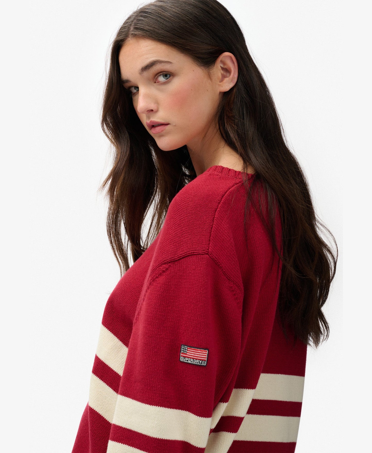 Oversized Striped V Neck | Bordeaux Red