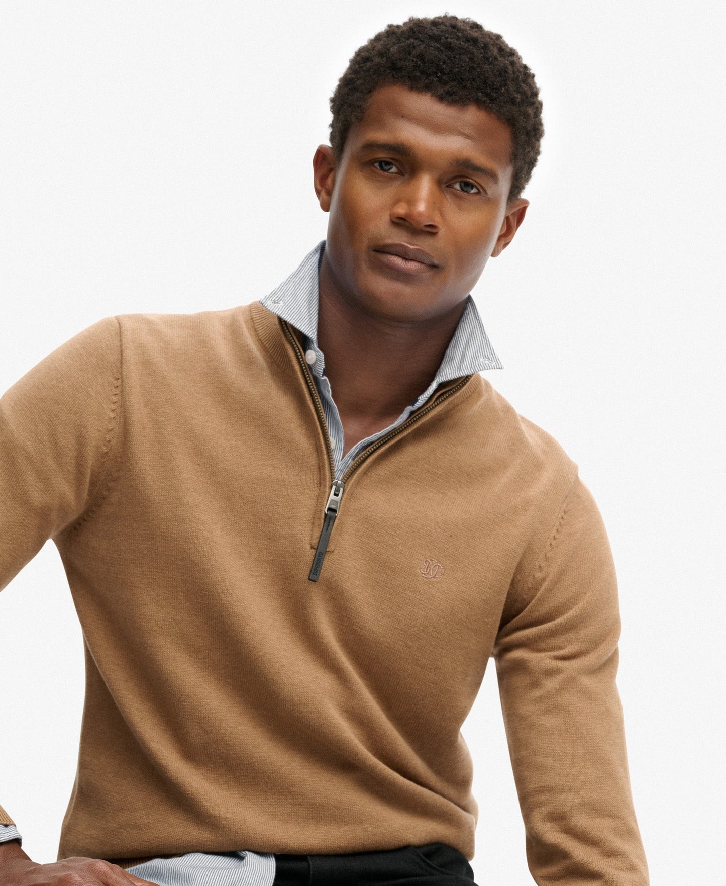 Slim Fit Essentials Cotton Half Zip | Carbon Brown Marle