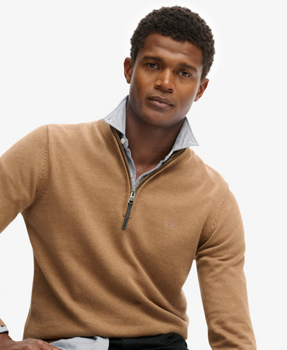Slim Fit Essentials Cotton Half Zip | Carbon Brown Marle