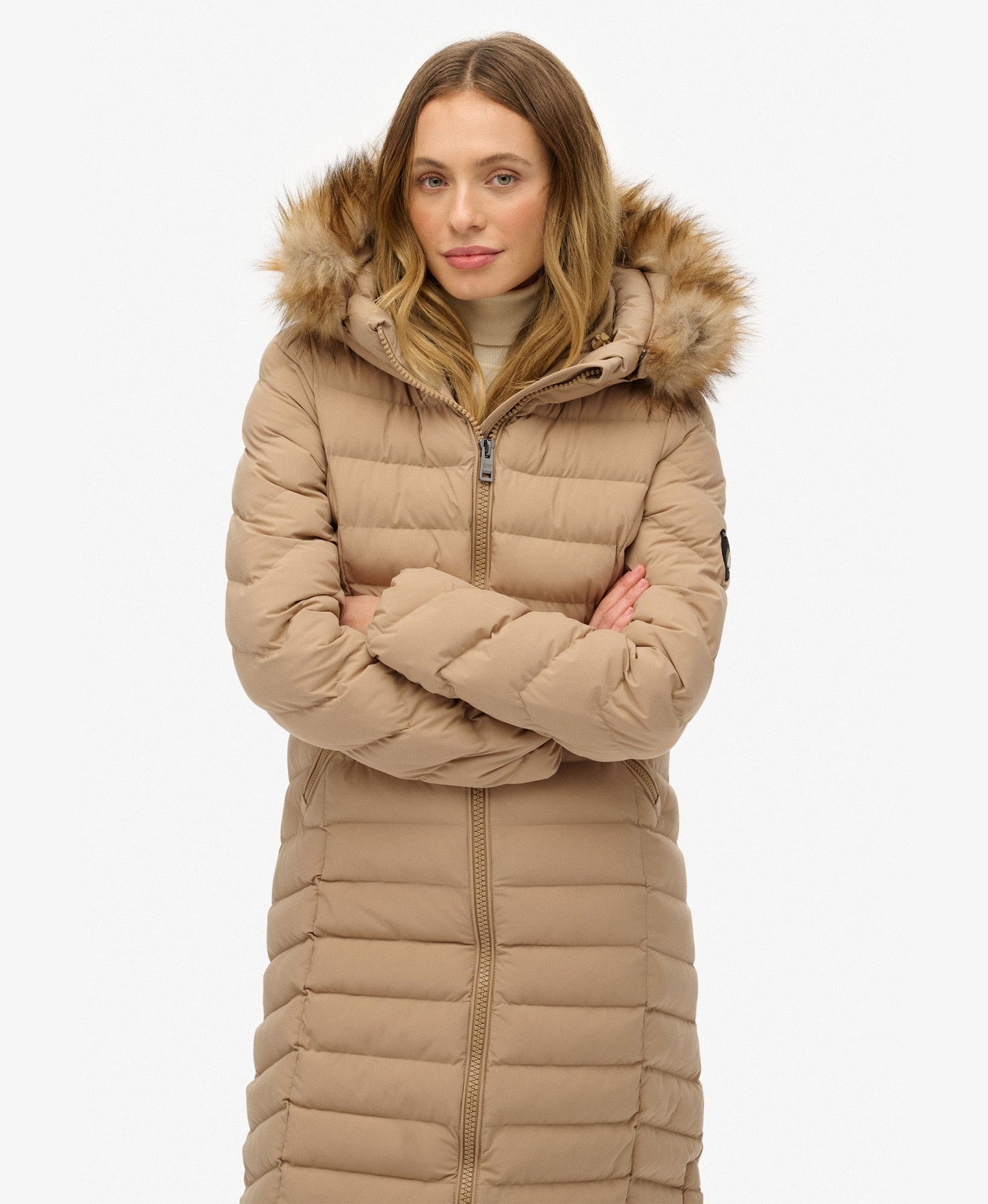 Fuji Faux Fur Hooded Longline Slim Fit Jacket | Shaker Beige
