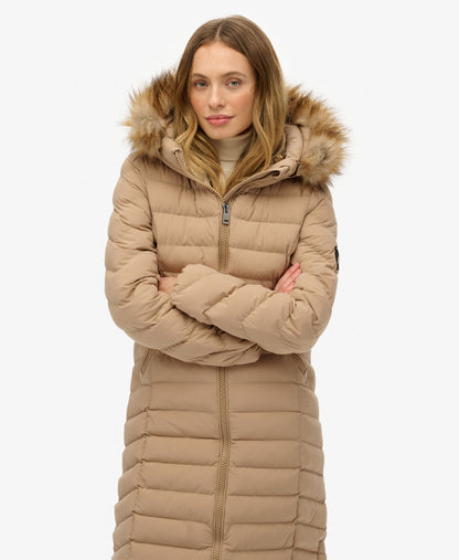 Fuji Faux Fur Hooded Longline Slim Fit Jacket | Shaker Beige