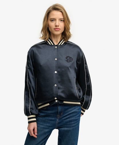 Varsity Satin Slim Fit Bomber Jacket | Eclipse Navy