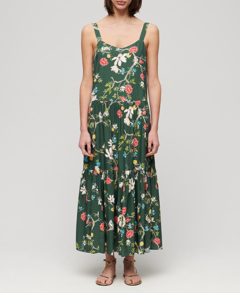 Woven Tiered Maxi Dress | Blossom Birds Green