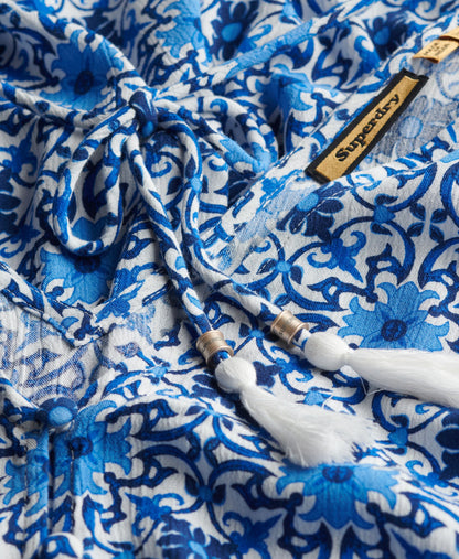 Short Sleeve Printed Playsuit | Tala Tile Border Blue