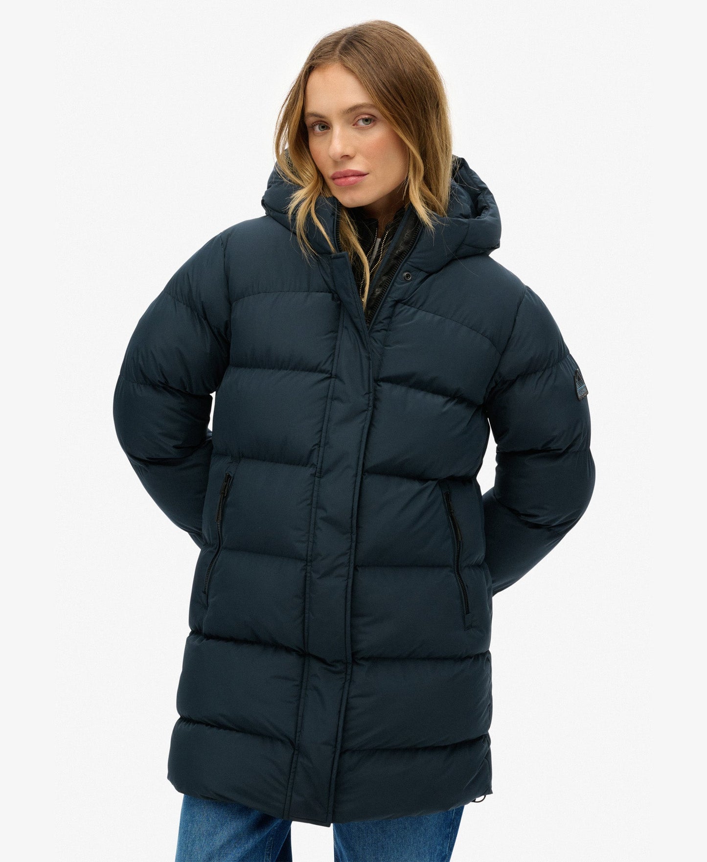 Hooded Sports Puffer Mid Jacket | Blueberry Navy