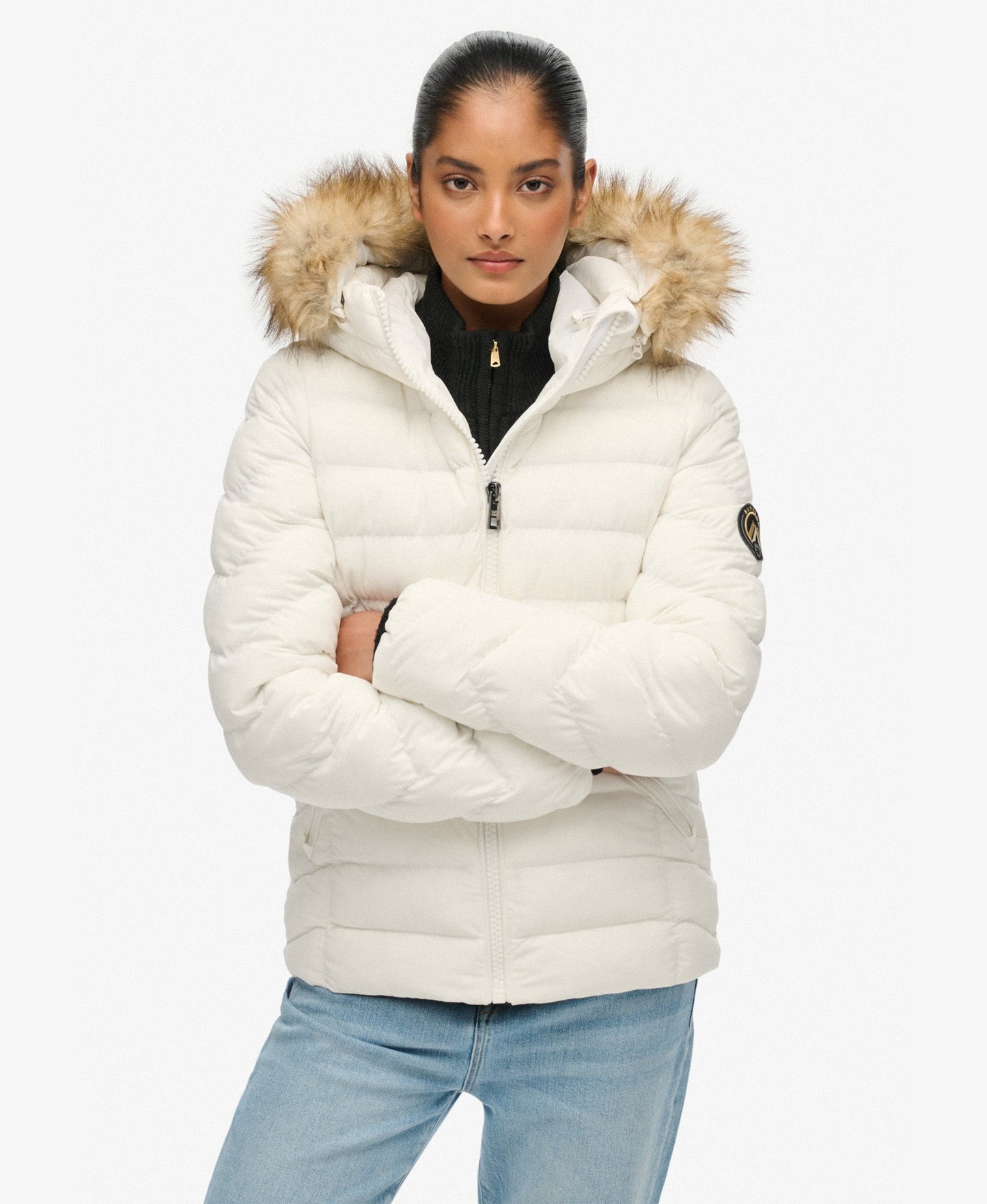 Fuji Faux Fur Slim Fit Hood Padded Jacket | Bright White