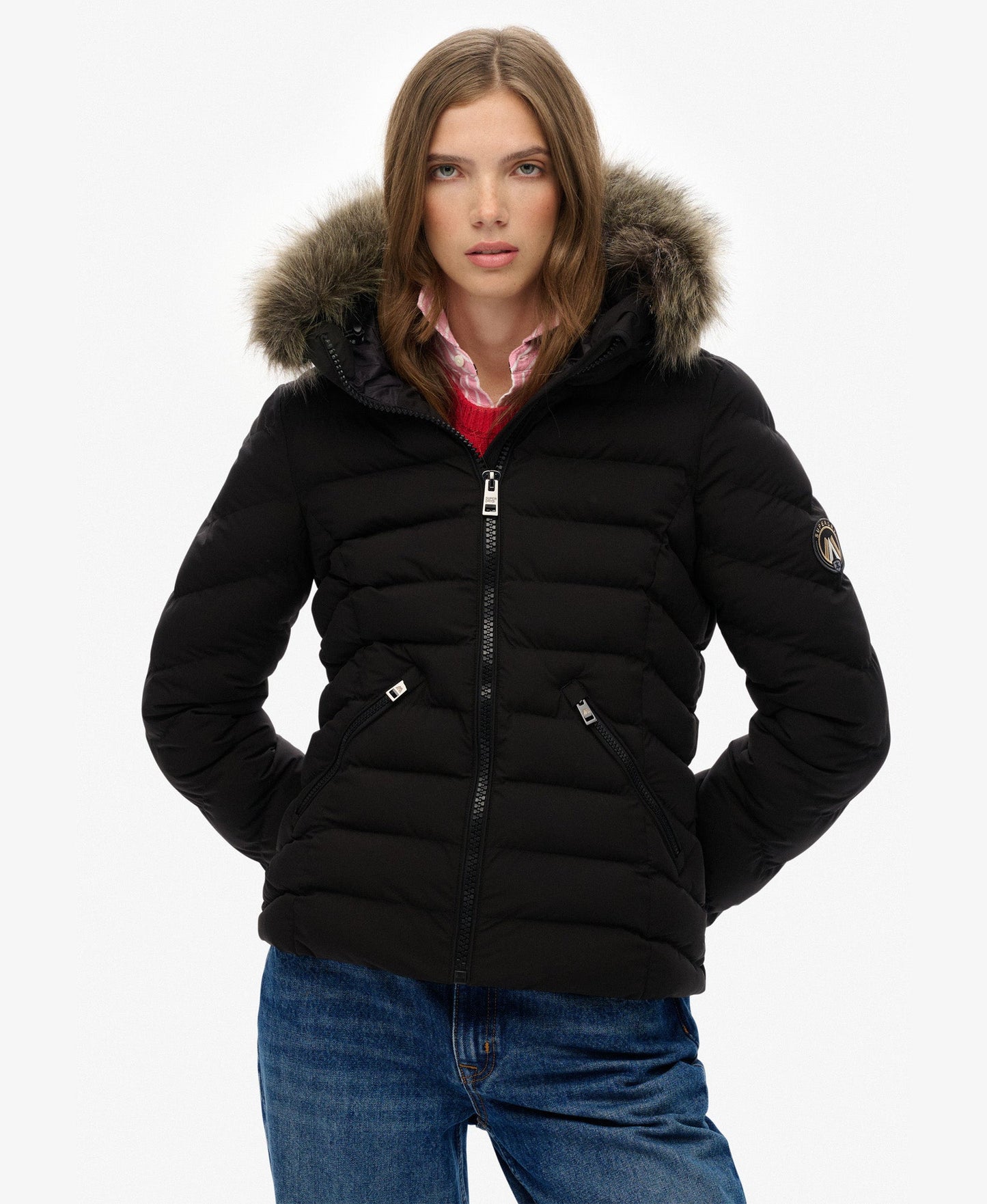 Fuji Faux Fur Slim Fit Hood Padded Jacket | Black
