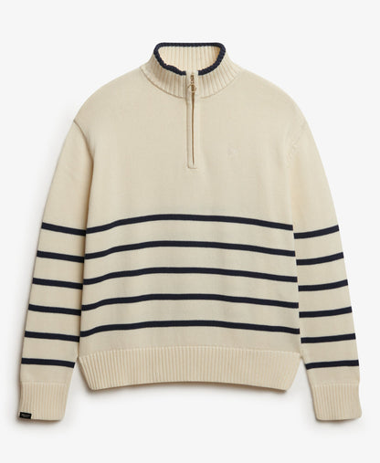 Cotton Half Zip Knit | Off White Richest Navy Stripe