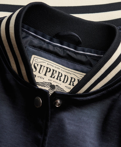 Varsity Satin Slim Fit Bomber Jacket | Eclipse Navy