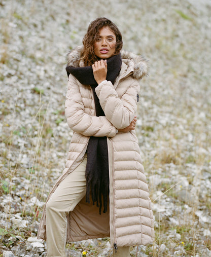 Fuji Faux Fur Hooded Longline Slim Fit Jacket | Shaker Beige